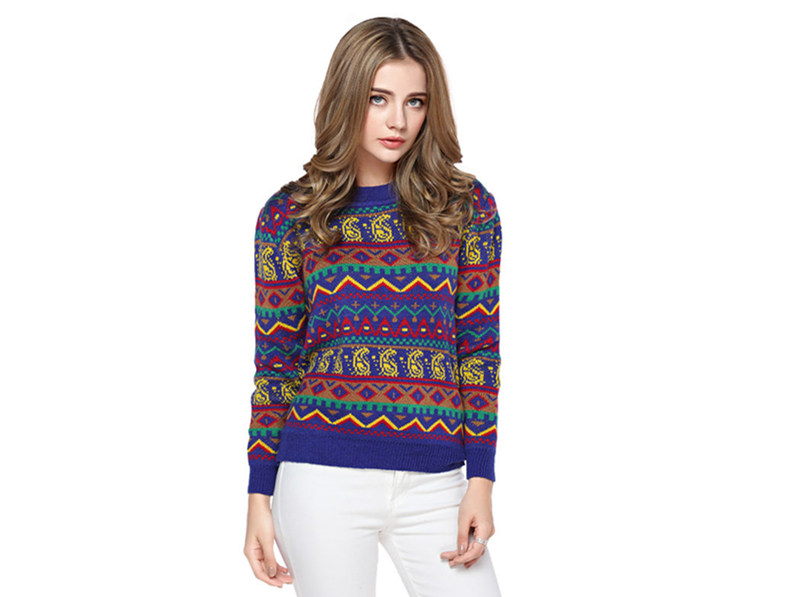 Women's Stripes Pattern Round Neck Dark Blue Sweater S100705