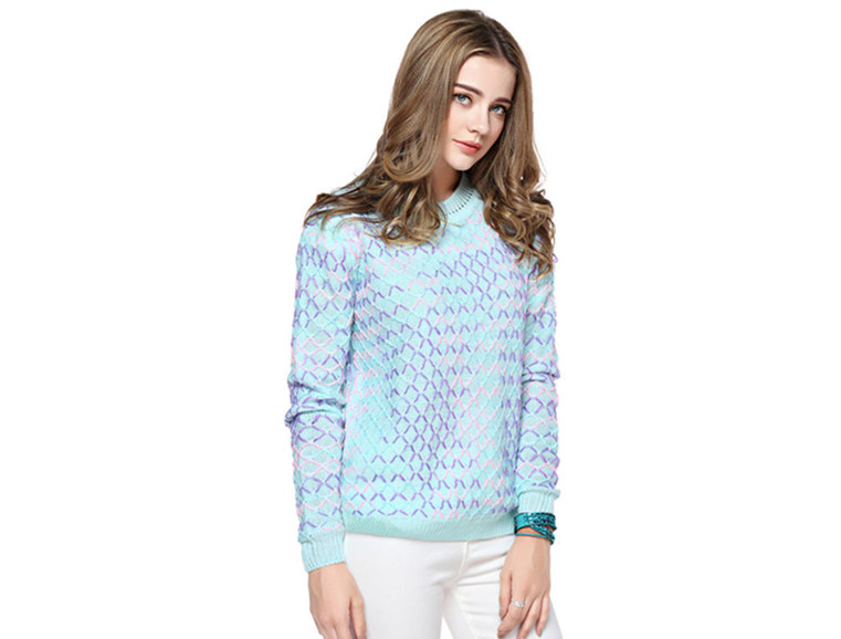 Women's Rhombus Pattern Round Neck Mint Blue Sweater S100715