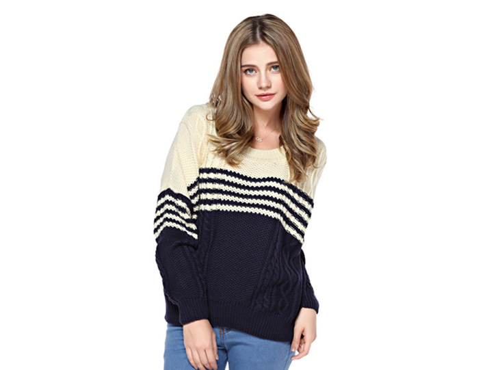 Women's Stripes Pattern Round Neck Dark Blue Sweater S100724