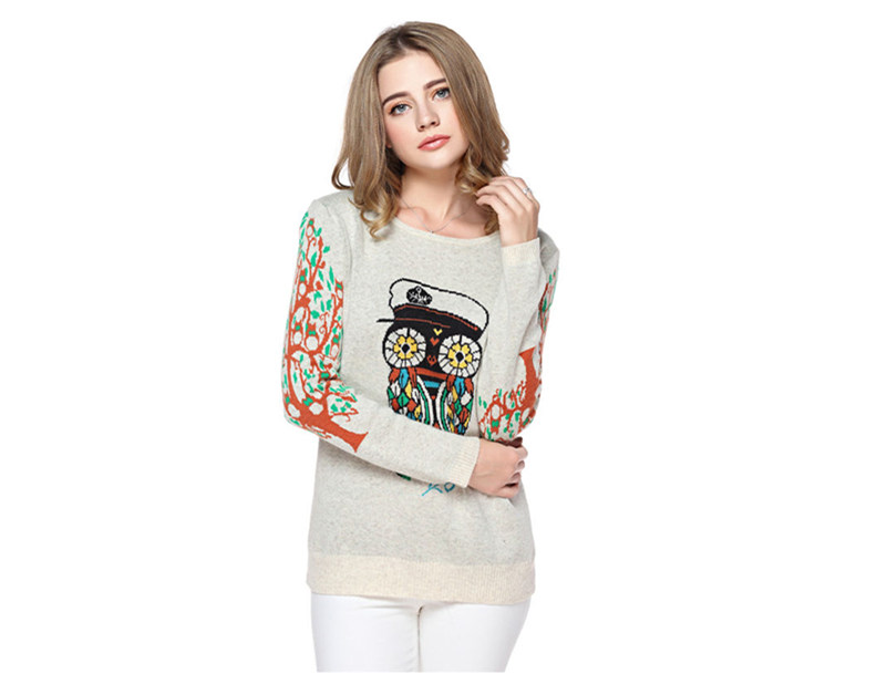 Women's Owl Pattern Round Neck Red Sweater With Tree Pattern Sleeve S100727