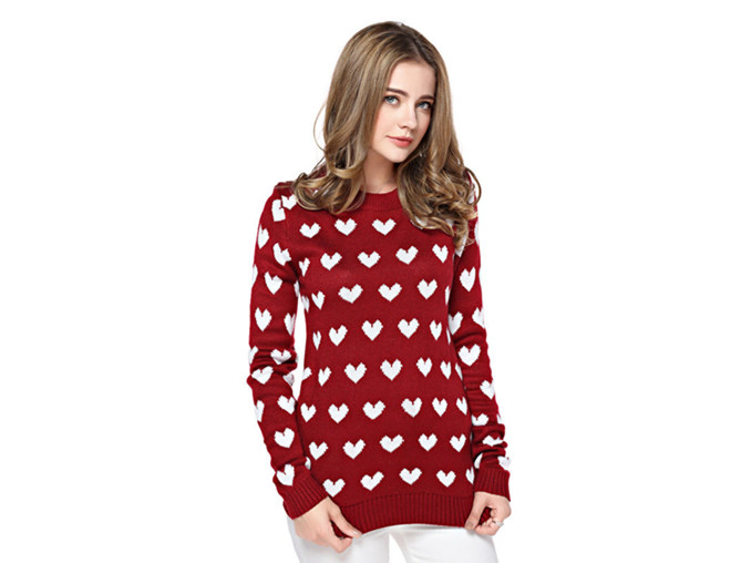 Women's Full Heart Pattern Red Sweater S100743