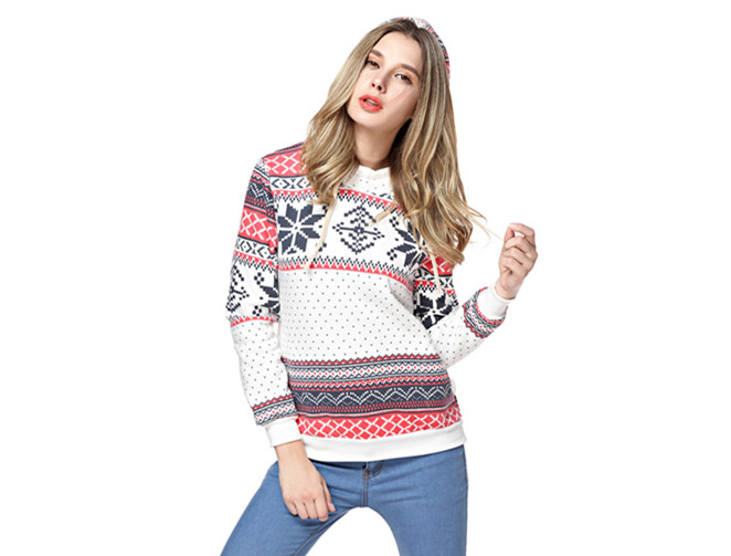 Woman's Snowflake And Stripes Pattern Hoodie Sweatshirt