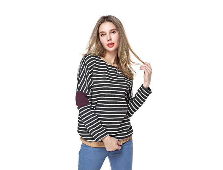 Woman's Thin Stripes Pattern Round Neck Sweatshirt S100504