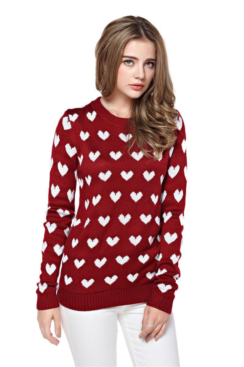 Women's Full Heart Pattern Red Sweater S100743 on Luulla